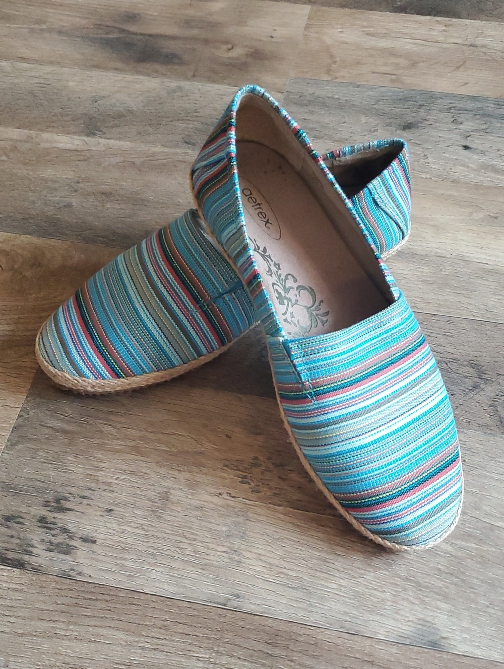 Aetrex Striped Espadrilles in Teal, Blue, Pink, and Tan